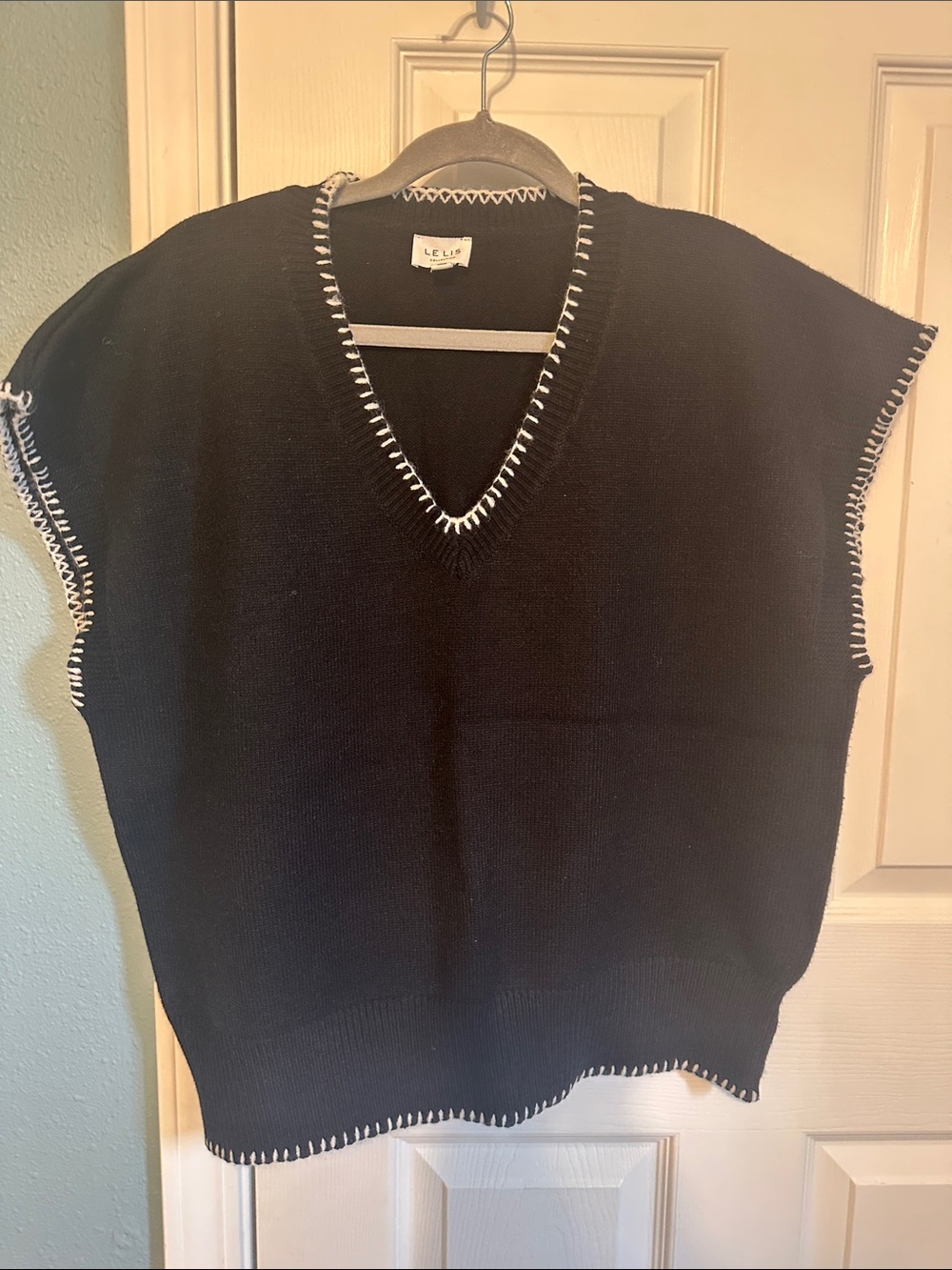 Le Lis Black V-Neck Sweater Vest with White Trim